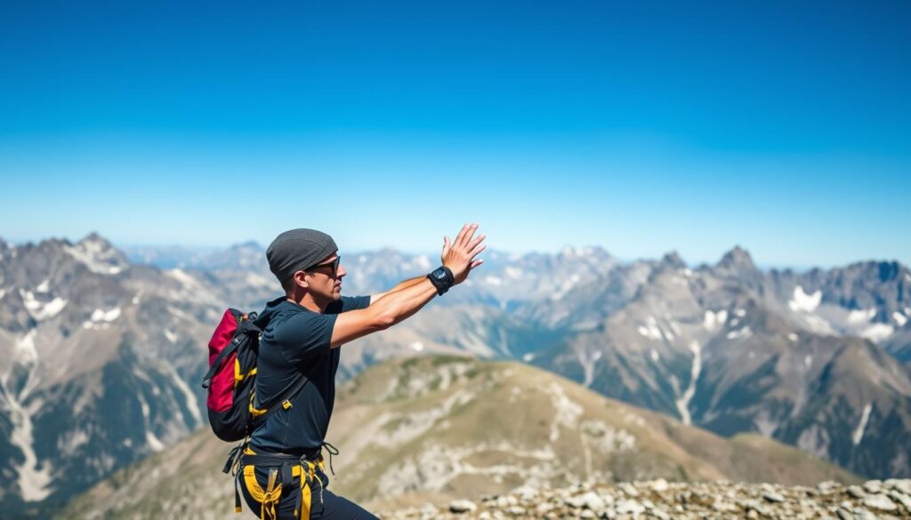 Bergsteiger beim Dehnen